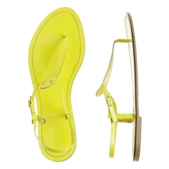 J. Crew Dauphine Neon Patent T-Strap Sandals Yellow Tan Leather Buckle Flats 6 - Picture 1 of 8